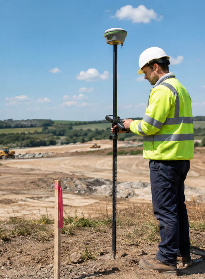 Geodezininkas atlieka matavimus topografinei nuotraukai parengti